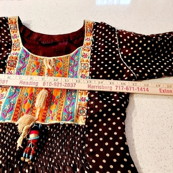 Boho Maxi Dress Smocked Tassled Print Flared Flowy Coachella Festival Sz Small - Picture 13 of 16